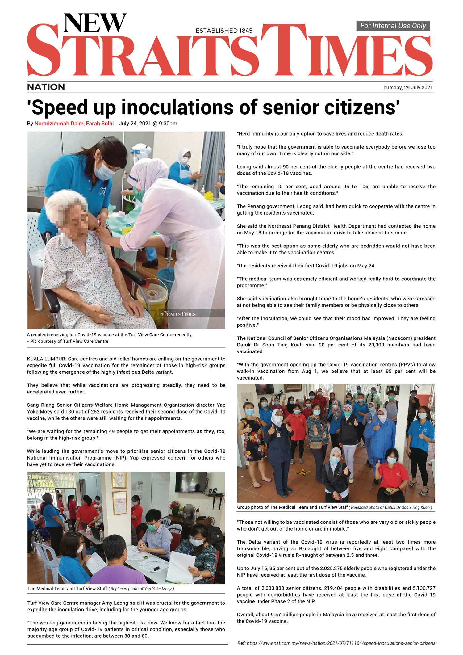 'Speed up inoculations of senior citizens' article published in NST, 24 July 2021.